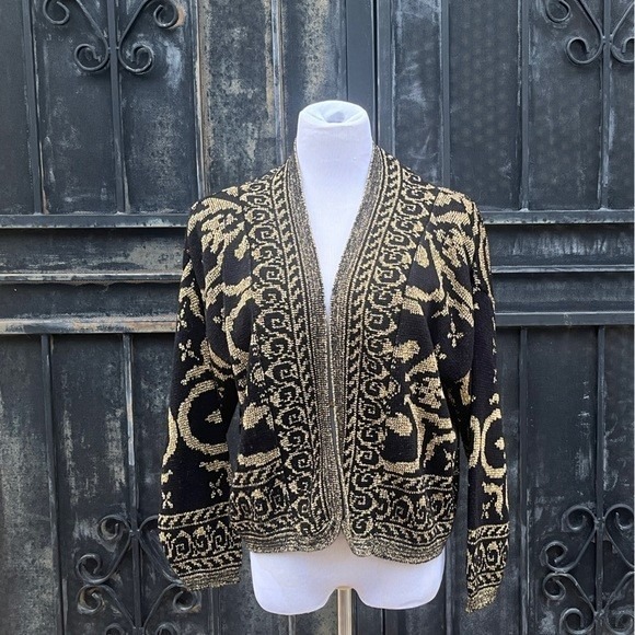 Carriage Court Sweaters - VTG Carriage Court Black Gold Metallic Knit‎ Open Front Cardigan Sweater Women